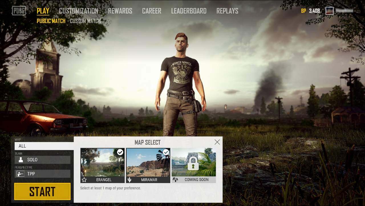 Sélection de carte de PLAYERUNKNOWN'S BATTLEGROUNDS