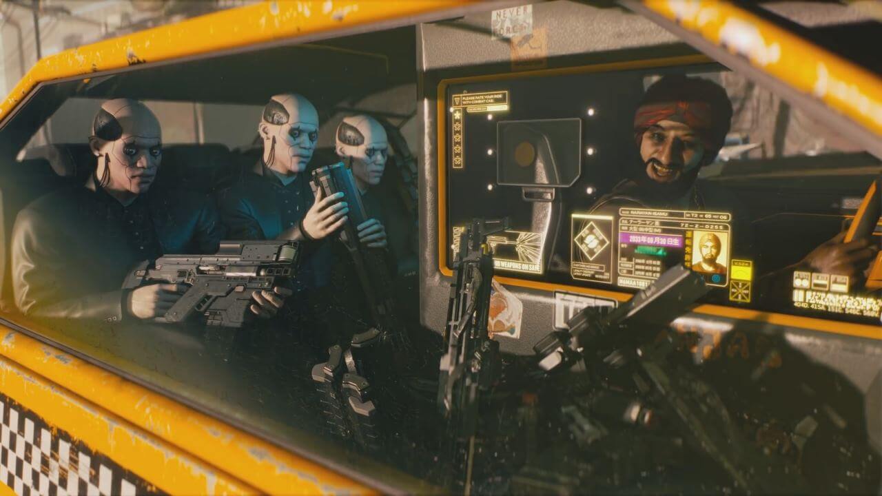 Cyberpunk 2077: imagen del tráiler del juego. 3 androides con pistolas en un taxi.