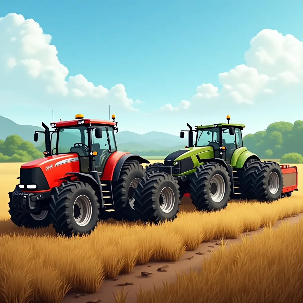 Farming Simulator 25 mit Traktoren auf einem virtuellen Feld.