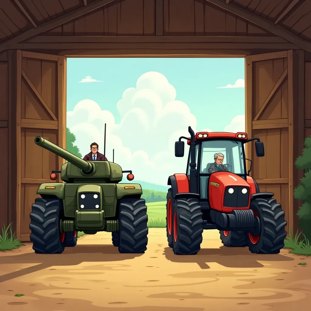 Zwei kleine Fahrzeuge vor einer Scheune mit einem Panzer und Traktoren.